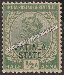 1912-26 Patiala K.G. V - light green 1/2a SG: 49, £ 2.75 MNH