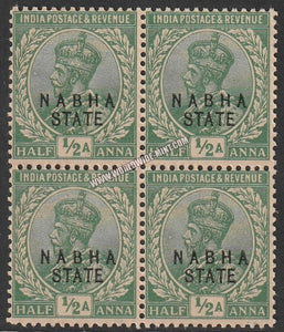 1913-1923 Nabha K.G. V - Bright Green 1/2a SG: 50b, £ 14.00 Block of 4 MNH