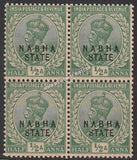 1913-1923 Nabha K.G. V - Bright Green 1/2a SG: 50b, £ 14.00 Block of 4 MNH