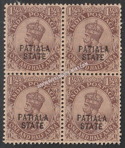 1922 Patiala K.G. V - Chocolate (type-A) 1 1/2a SG: 51, £ 2.00 Block of 4 MNH