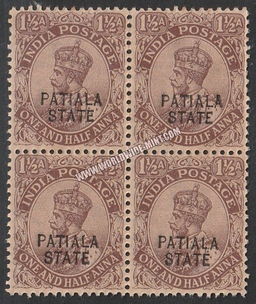 1922 Patiala K.G. V - Chocolate (type-A) 1 1/2a SG: 51, £ 2.00 Block of 4 MNH