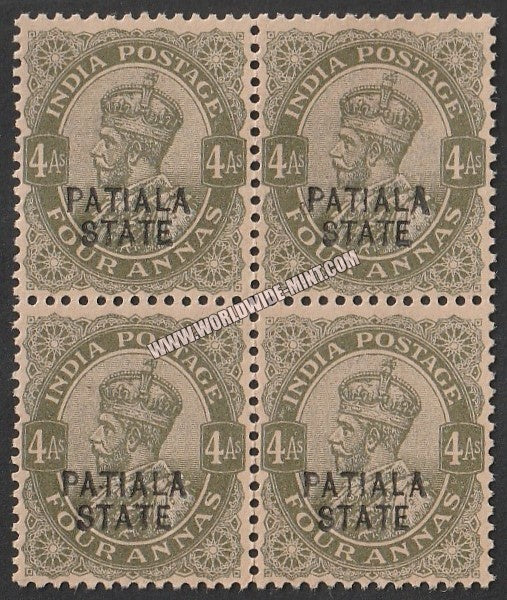1912-26 Patiala K.G. V - Olive 4a SG: 54, £ 24.00 Block of 4 MNH