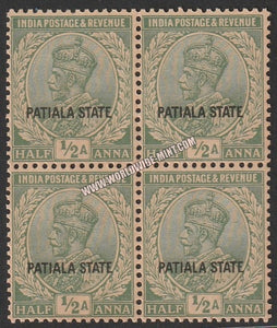 1912-26 Patiala K.G. V - green 1/2a SG: 64, £ 2.00 Block of 4 MNH