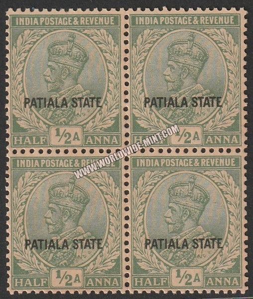 1912-26 Patiala K.G. V - green 1/2a SG: 64, £ 2.00 Block of 4 MNH