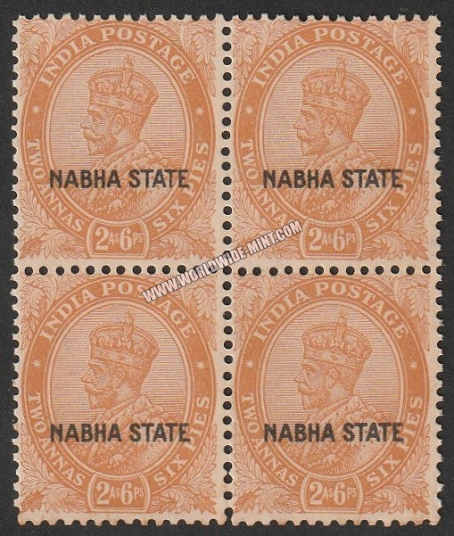 1932 Nabha K.G. V - Orange 2a and 6p SG: 65, £ 18.00 Block of 4 MNH