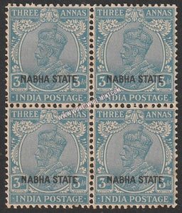 1930 Nabha K.G. V - Bright Blue 3a SG: 66, £ 30.00 Block of 4 MNH