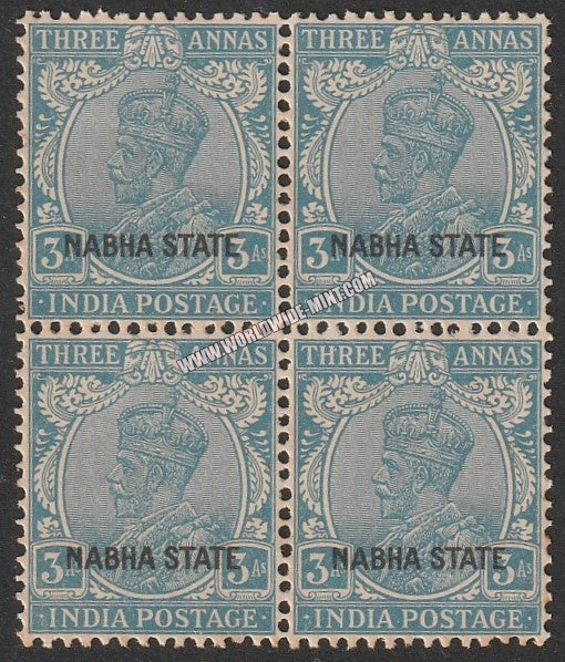 1930 Nabha K.G. V - Bright Blue 3a SG: 66, £ 30.00 Block of 4 MNH