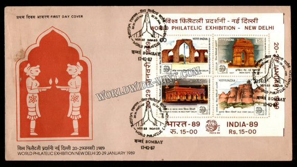 1987 INDIA India 89 World Philatelic Exhibition - Historic Monuments of Delhi Miniature Sheet FDC
