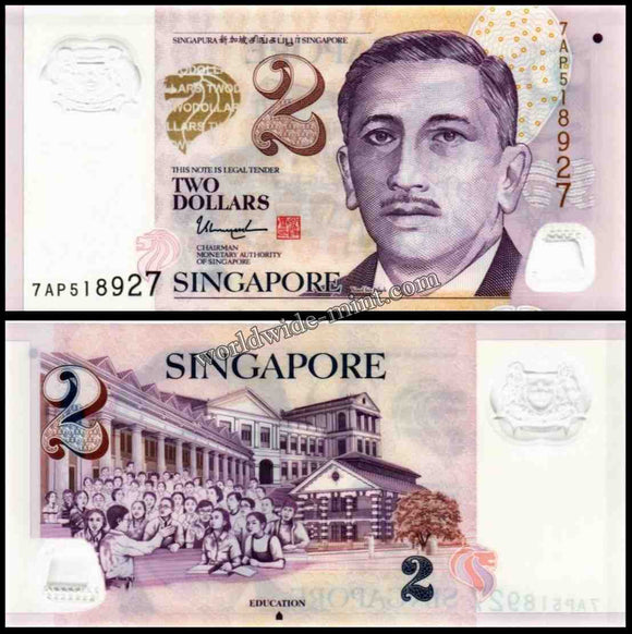 SINGAPORE 2017 - 2 DOLLARS USED POLYMER UNC CURRENCY NOTE