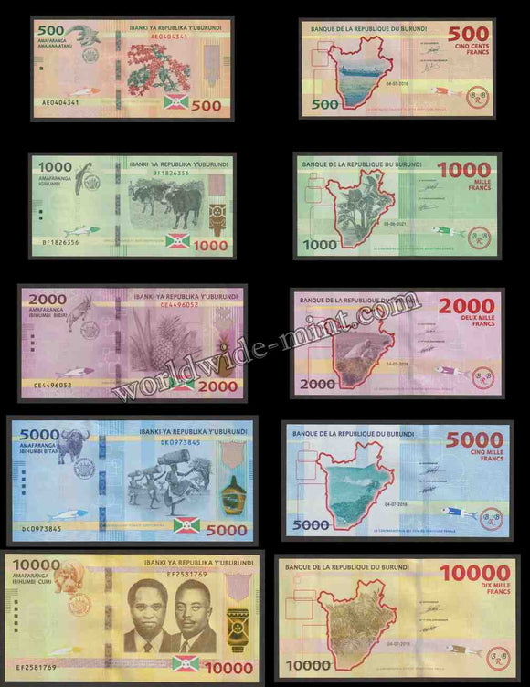 BURUNDI - 500, 1000, 2000, 5000 & 10000 FRANCS UNC Currency Note