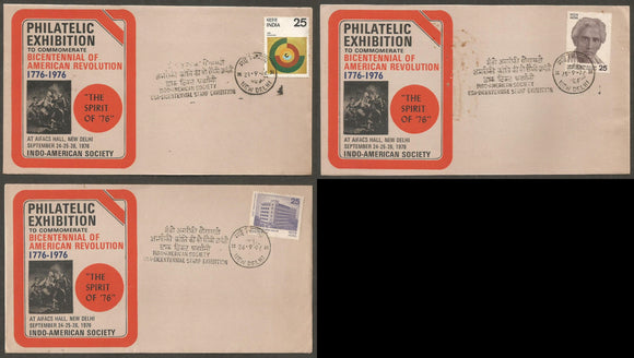 INDO American Society USA - Bicentennial Stamp Exhibition 1976 - Set of 3 Special Cover #DL132