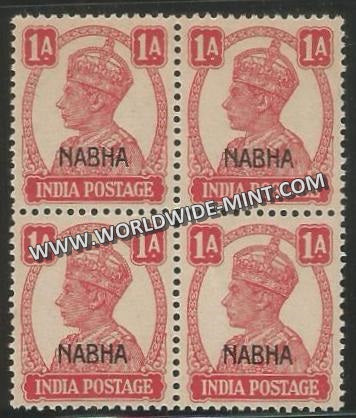 1941-1945 Nabha K.G. VI - 1a Carmine SG: 108, £ 4 Block of 4 MNH