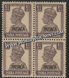 1941-1946 Patiala K.G. VI - 1 1/2a Dull Violet Typo SG: 108a, £ 30 Block of 4 MNH