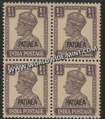 1941-1946 Patiala K.G. VI - 1 1/2a Dull Violet Typo SG: 108a, £ 30 Block of 4 MNH