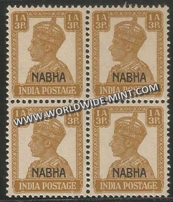 1941-1945 Nabha K.G. VI - 1a 3p Yellow Brown SG: 109, £ 4 Block of 4 MNH