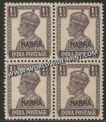 1941-1945 Nabha K.G. VI - 1 1/2 a Dull Violet Typo SG: 110a, £ 16 Block of 4 MNH
