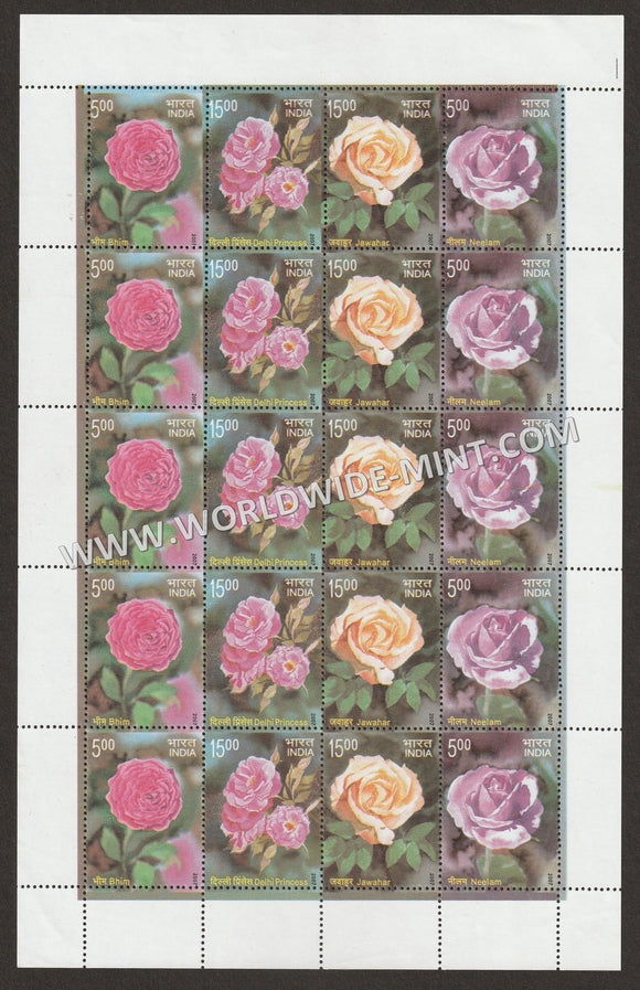 2007 INDIA Fragrant Roses 5 rows Setenant Full Sheet MNH