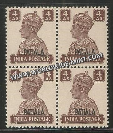 1941-1946 Patiala K.G. VI - 4a Brown SG: 112, £ 12 Block of 4 MNH