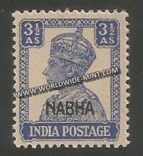 1941-1945 Nabha K.G. VI - 3 1/2a Bright Blue SG: 113, £ 10 MNH
