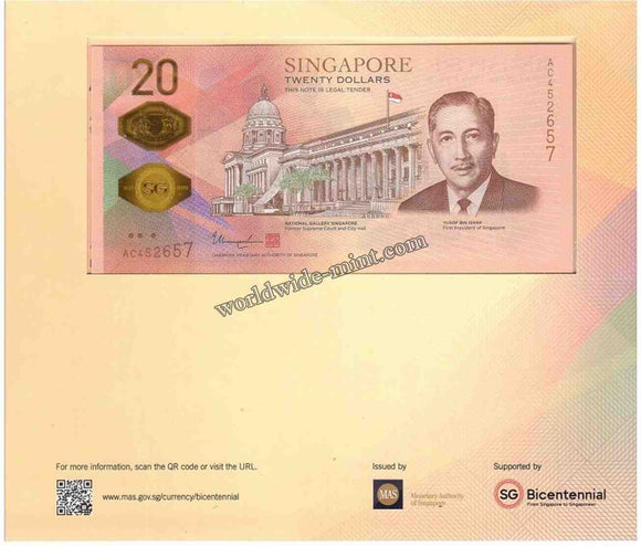 SINGAPORE 2019 - 20 DOLLARS BICENTENINAL COMMERATIVE POLYMER CURRENCY NOTE - WITH FOLDER