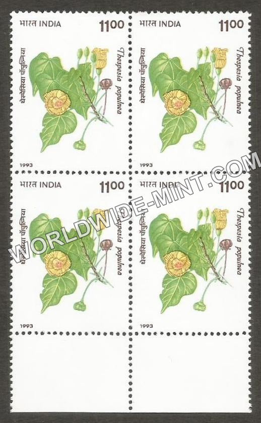 1993 Indian Flowering Trees-Thespesia populnea-Paras Pipal Block of 4 MNH