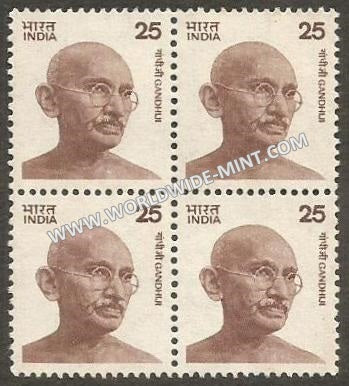 INDIA Gandhi - Small Portrait  (25) Pointed Shoulder Definitive Block of 4 MNH
