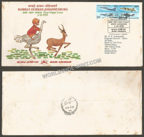 1993 Air India Bombay - Durban - Johannesburg First Flight Cover #FFCB14