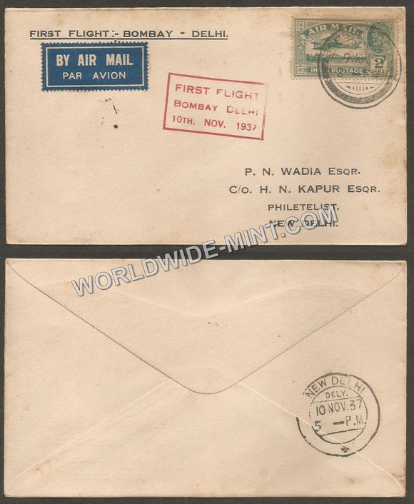 1937 Bombay - Delhi First Flight Cover #FFCC16