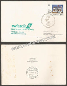 1991 Swiss Air Delhi - Zurich Airbus A 310 - 322 First Flight Cover #FFCA18