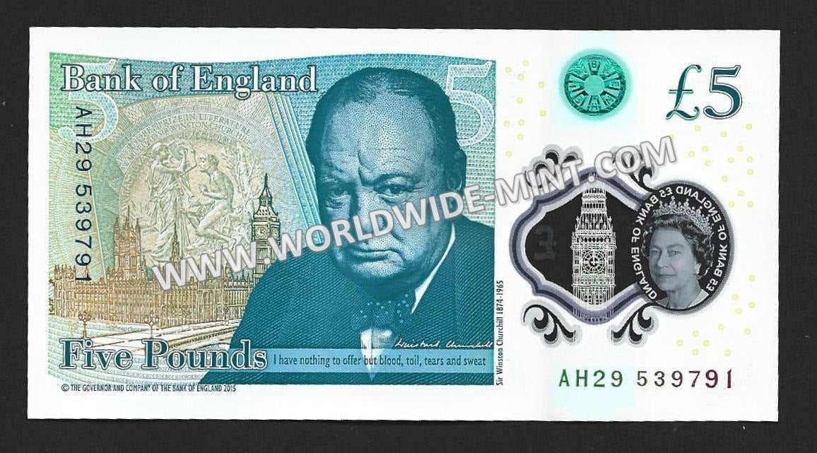 ENGLAND 2015 - 5 POUND UNC POLYMER Currency Note – Worldwidemint