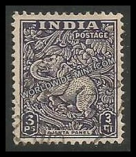 INDIA Elephant Motif, (Ajanta Caves) 1st Series (3p) Definitive Used Stamp