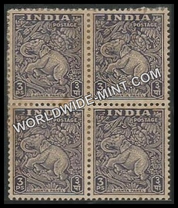 INDIA Elephant Motif, (Ajanta Caves) 1st Series (3p) Definitive Block of 4 MNH
