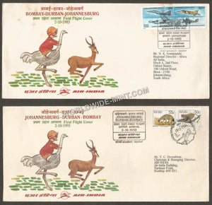 1993 Air India Bombay - Durban - Johannesburg (Set of 2) First Flight Cover #FFCB2