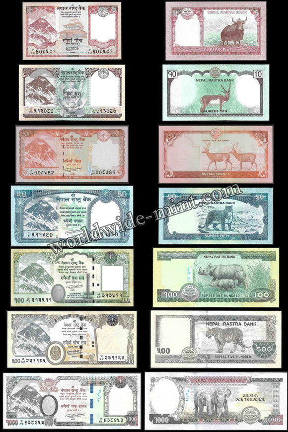 NEPAL 5, 10, 20, 50, 100, 500, 1000 Rupees UNC Currency Note - Complete Series set of 7