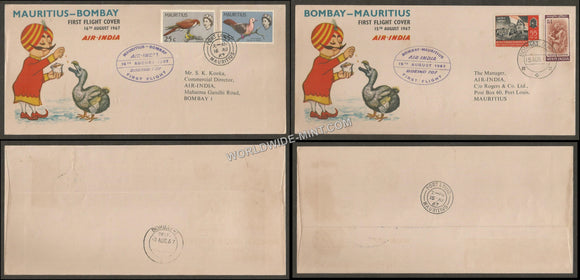 1967 Air India Mauritius - Bombay Set of 2 First Flight Cover #FFCB26