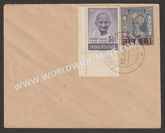 1949 INDIA Mahatma Gandhi - 3 1/2 Anna Cover dated on 1st Death Anniversary of Gandhi 30 Jan 1949 In Jaipur State Cover