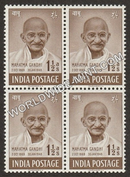 1948 Mahatma Gandhi- 1 1/2 Anna  Block of 4 MNH