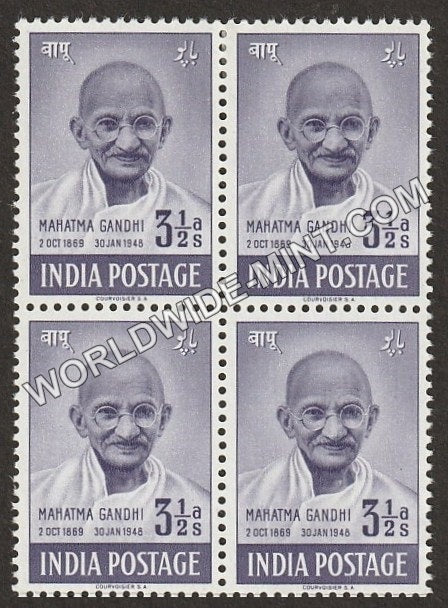 1948 Mahatma Gandhi-3 1/2 Anna Block of 4 MNH