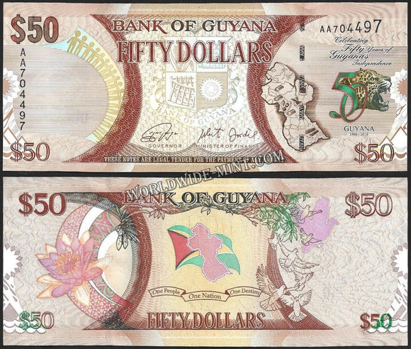GUYANA 2006 - 50 DOLLARS 50 year of independence commemorate issue UNC CURRENCY NOTE #CN291