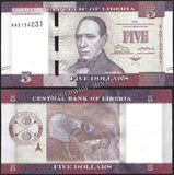LIBERIA 5 DOLLARS 2016 UNC CURRENCY NOTE #CN363