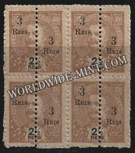 1911 Portuguese India Bisect Vertically on 1898 "King Carlos" - 3r on 2 1/2r Brown & Black  SG. 376 Block of 4 MNH