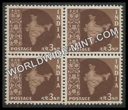 INDIA Map of India Star Watermark 3rd Series (3np) Definitive Block of 4 MNH