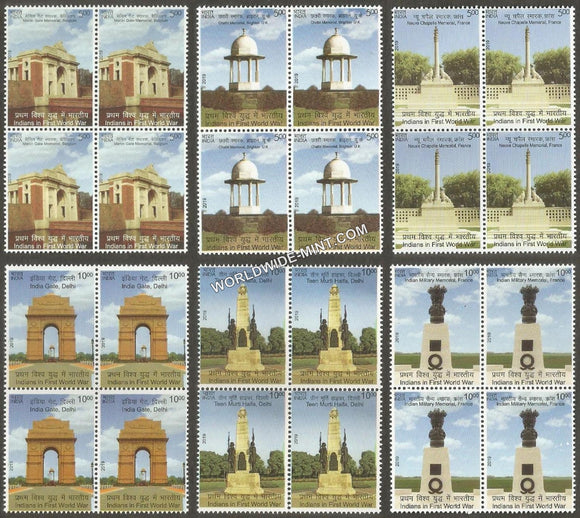 2019 Indians in First World War 1-Indian War Memorial-Set of 6 Block of 4 MNH