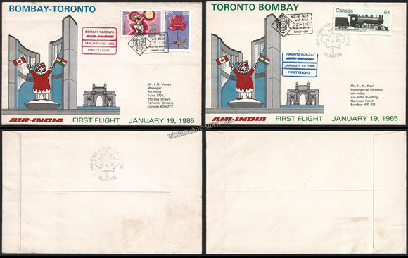 1985 Air India Bombay - Toronto - Bombay First Flight Cover Set of 2 #FFCE54