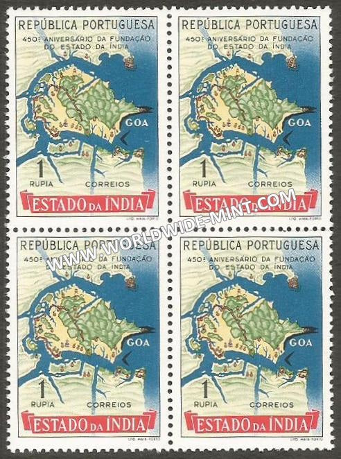 1956 Portuguese India - The 450th Anniversary of Portuguese Settlements in India - Goa Map 1 Rupiah - SG. 641, £ 18 Block of 4 MNH