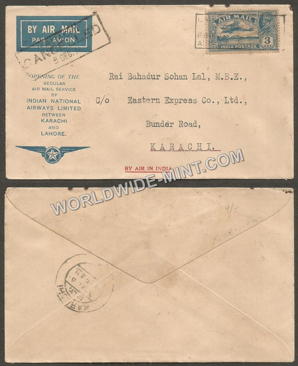 1934 Karachi - Lahore Indian National Airways Limited First Flight Cover #FFCC9