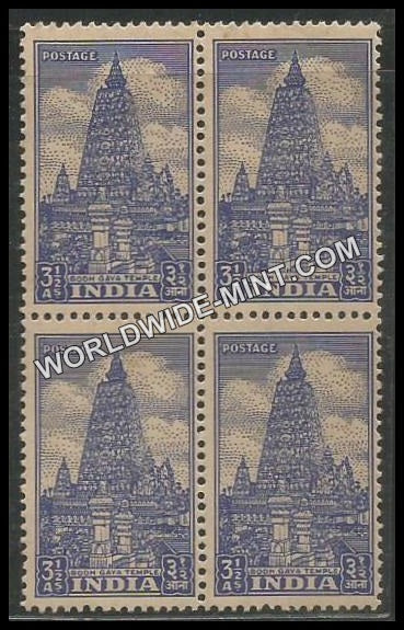 INDIA Mahabodhi Temple (Bodh Gaya) 1st Series (3 1/2a) Definitive Block of 4 MNH