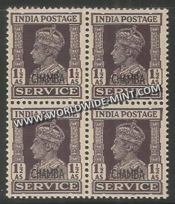1940-1943 Chamba K.G. VI - 1 1/2 a Dull Violet SG: O78, £ 44 Block of 4 MNH